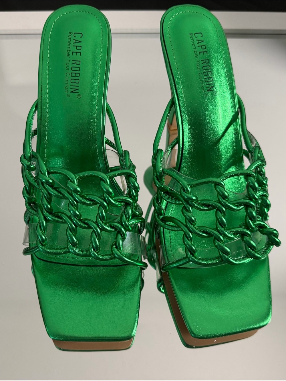 Cape Robbin Metallic Emerald Green Chain-Detail Heeled Sandals